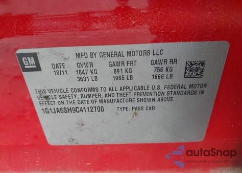 2012 Chevrolet Sonic 2Ls z USA, uszkodzony, nr VIN 1G1JA6SH9C4112700